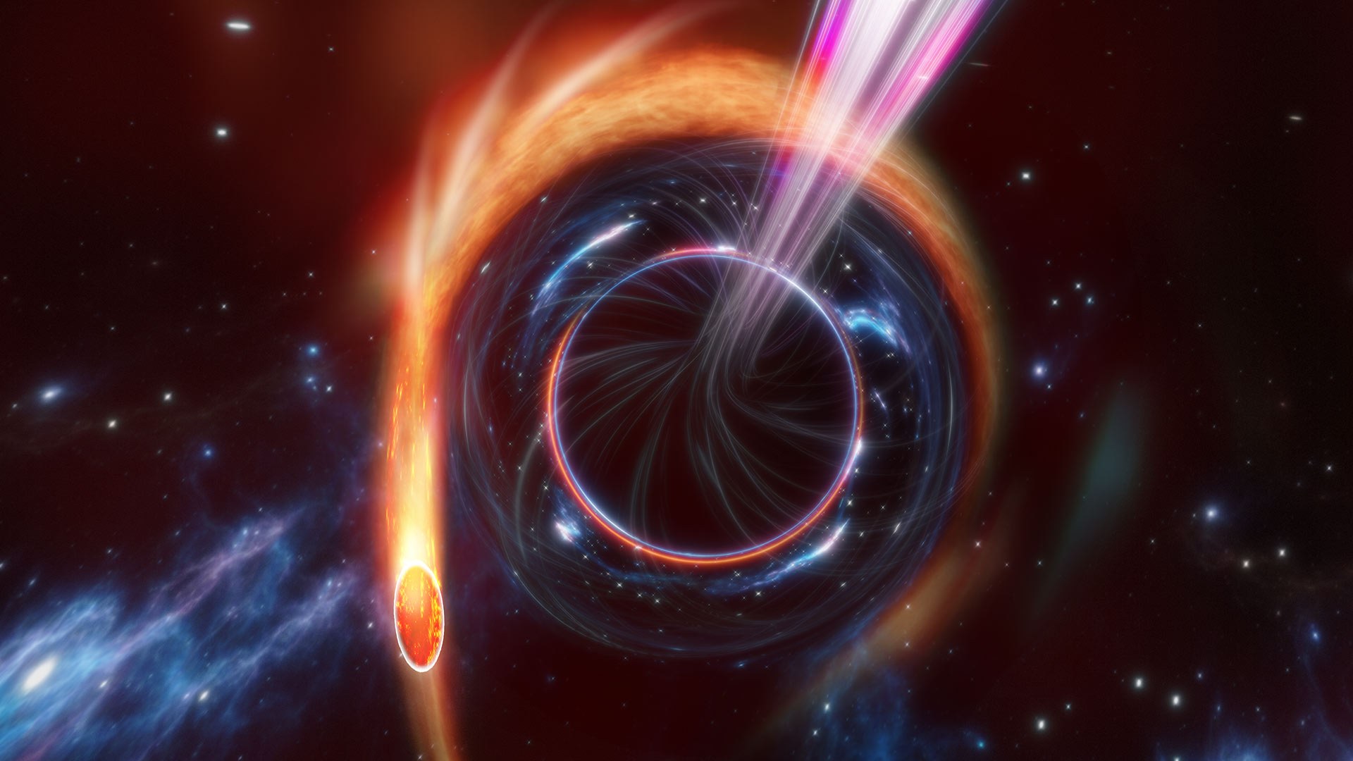 A supermassive black hole destroys a star in an artist's depiction of a tidal disruption event. New UMD research provides insight into the ultrabright jets of matter (shown here in pink, purple and white) that in rare instances result from such cataclysms in deep space.